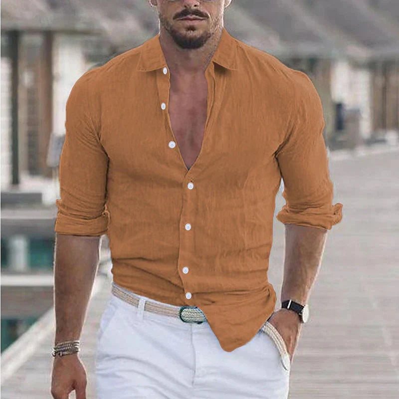 Camisa de lino para hombre con cuello vuelto