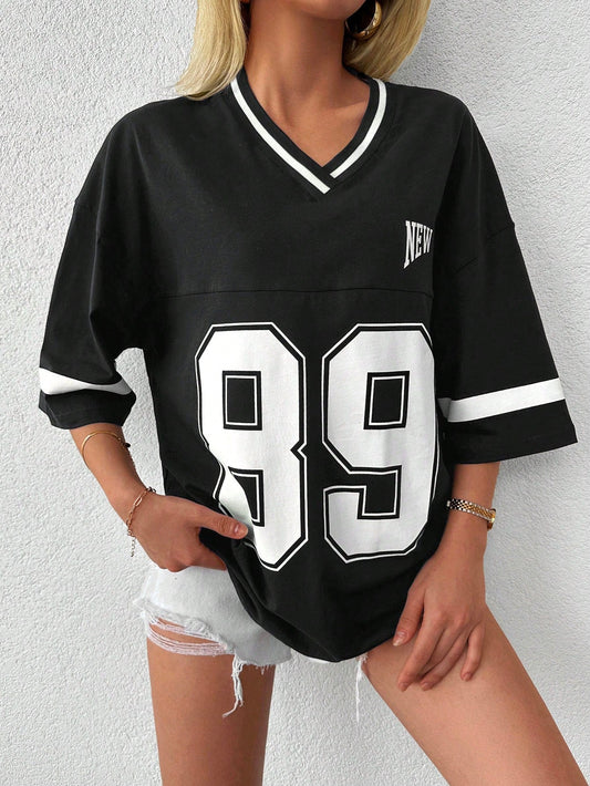 Camisa casual oversize de béisbol/fútbol para mujer