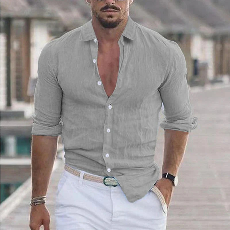 Camisa de lino para hombre con cuello vuelto
