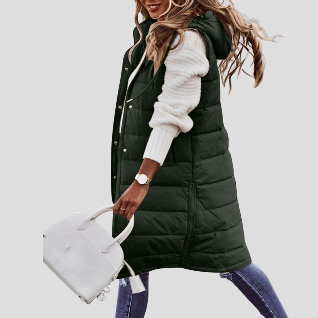Chaleco largo con capucha para mujer