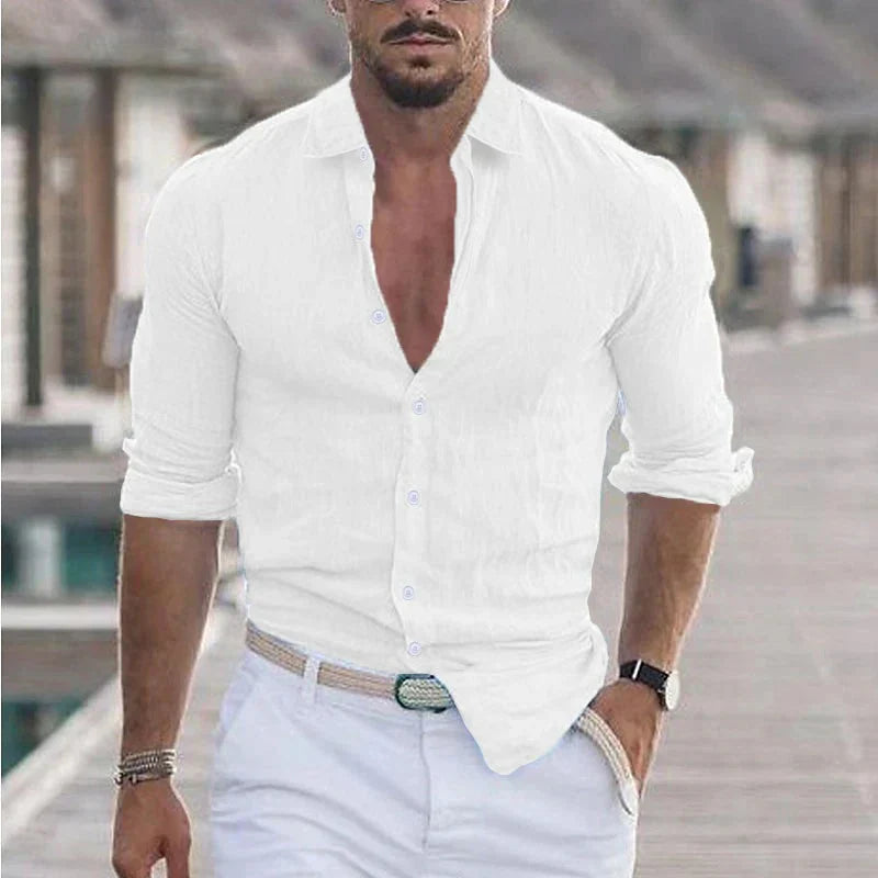 Camisa de lino para hombre con cuello vuelto