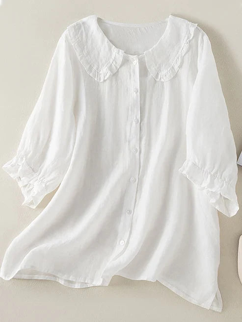 Camisa de mujer de algodón y lino con cuello Peter Pan fruncido
