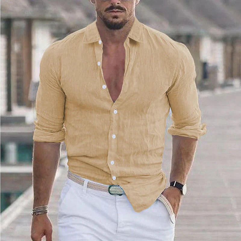 Camisa de lino para hombre con cuello vuelto
