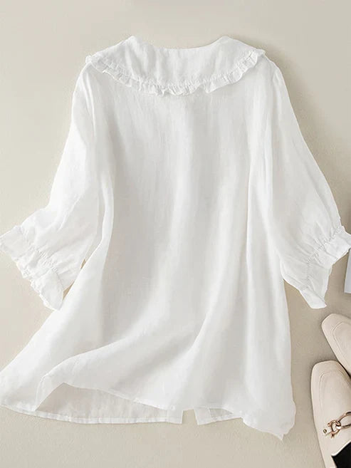 Camisa de mujer de algodón y lino con cuello Peter Pan fruncido