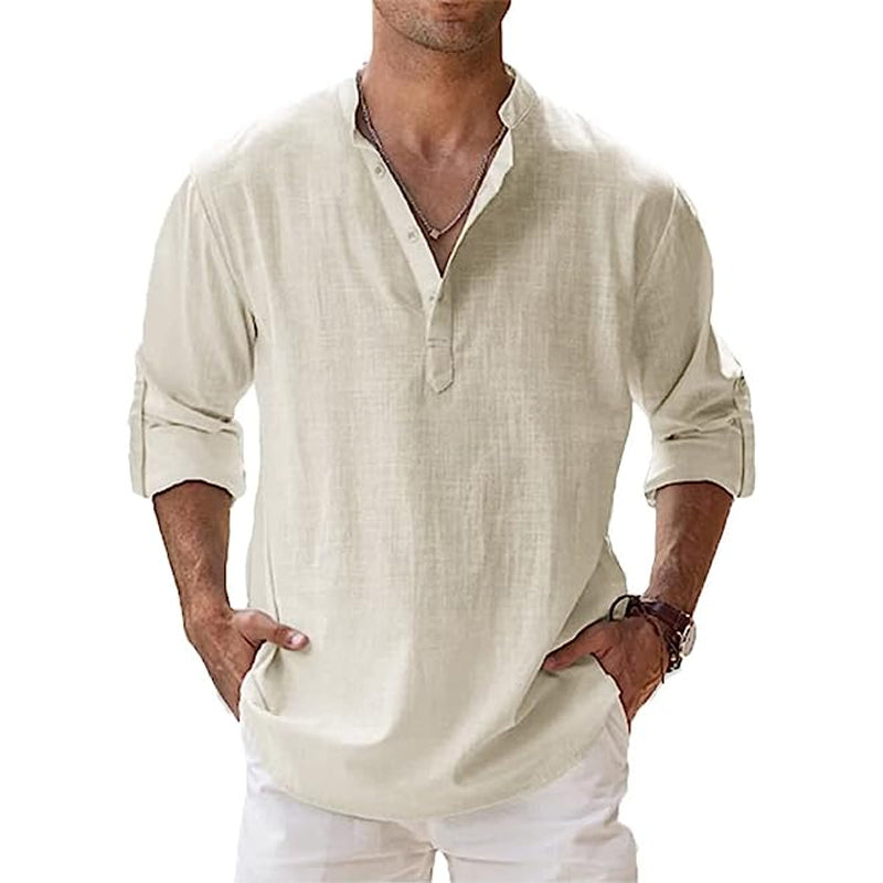 Camisa de Lino Estilo Henley para Hombre, Ideal para la Primavera y el Verano