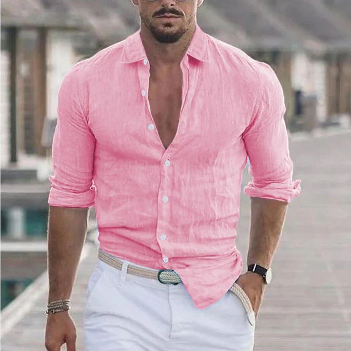 Camisa de lino para hombre con cuello vuelto