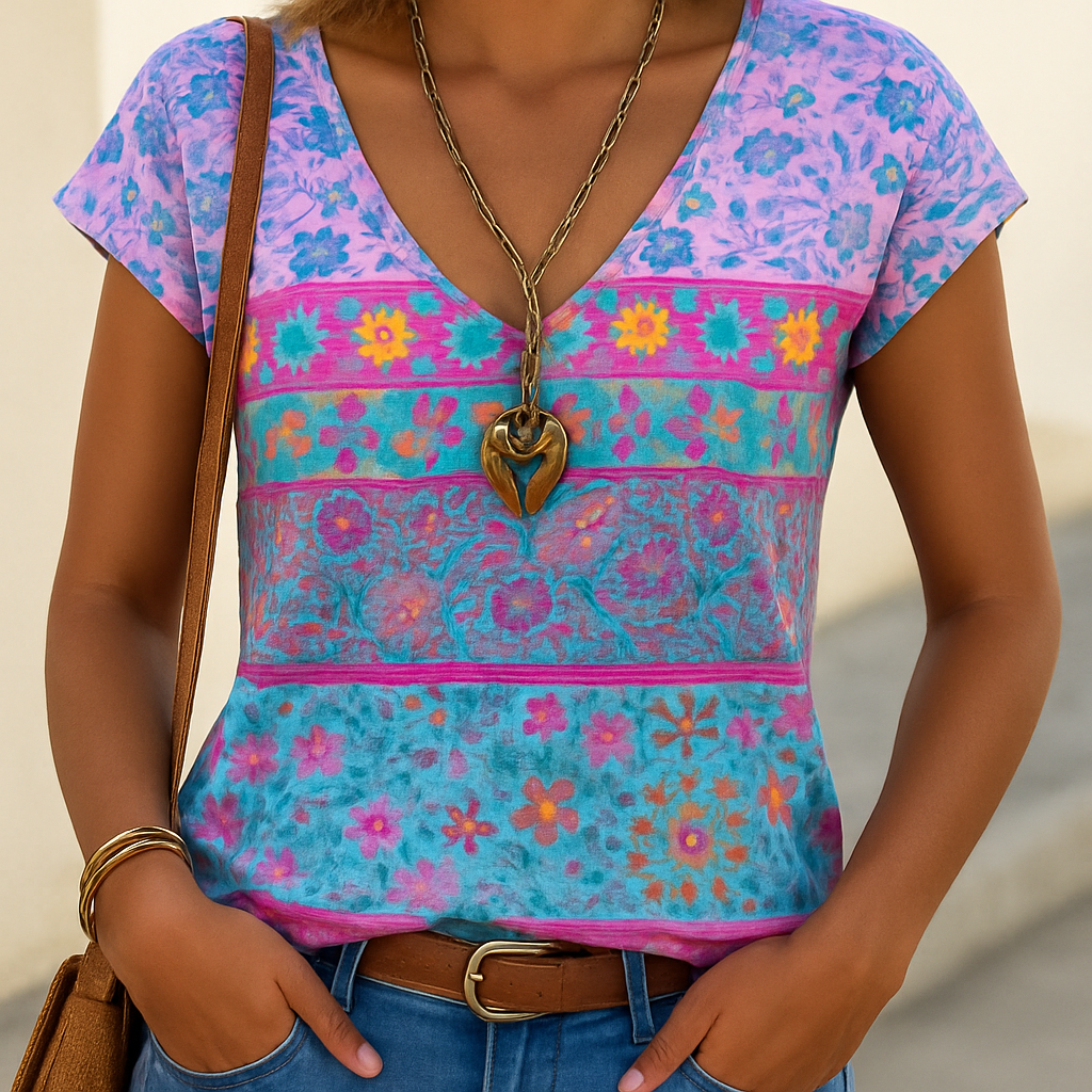 Camiseta de mujer con estampado floral y cuello en V