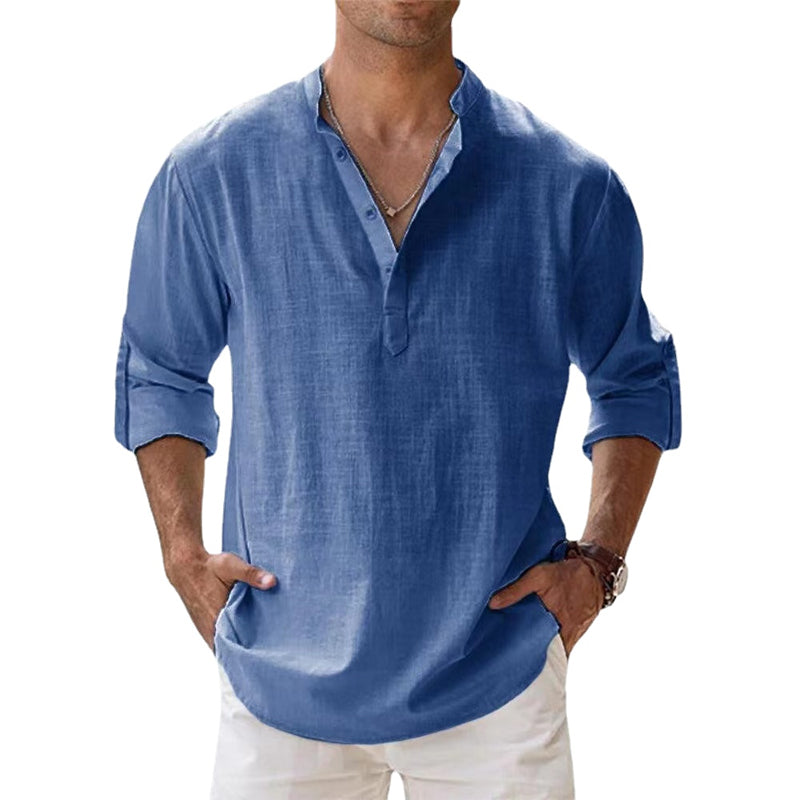 Camisa de Lino Estilo Henley para Hombre, Ideal para la Primavera y el Verano