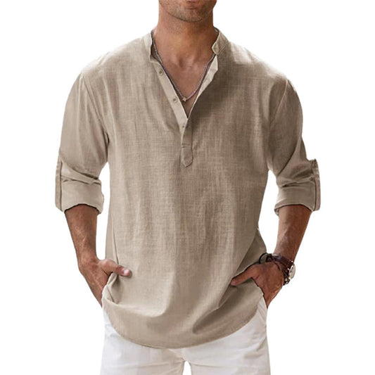 Camisa de Lino Estilo Henley para Hombre, Ideal para la Primavera y el Verano