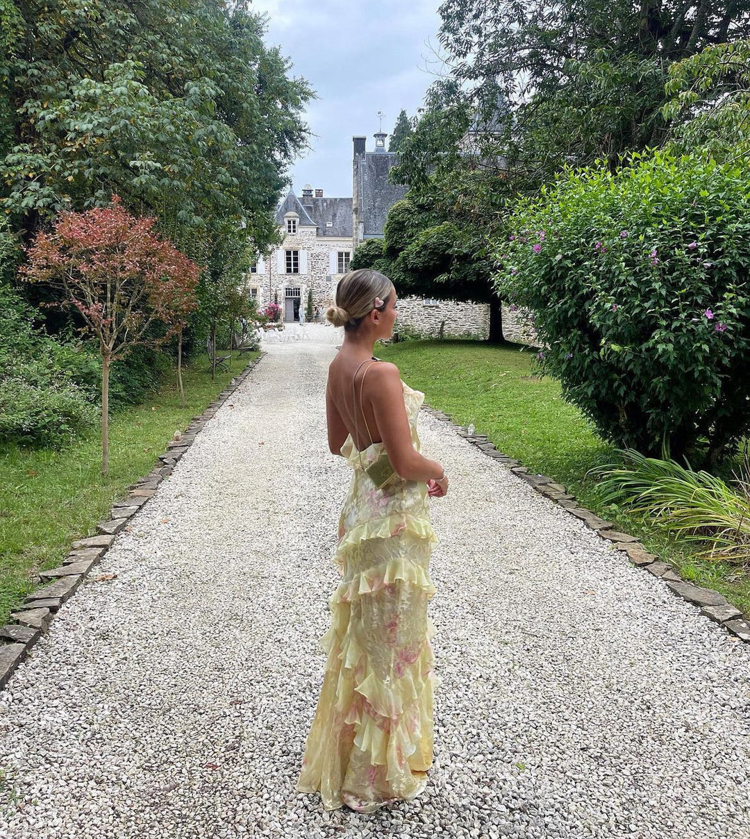 Vestido largo con volantes para mujer, elegante y romántico.