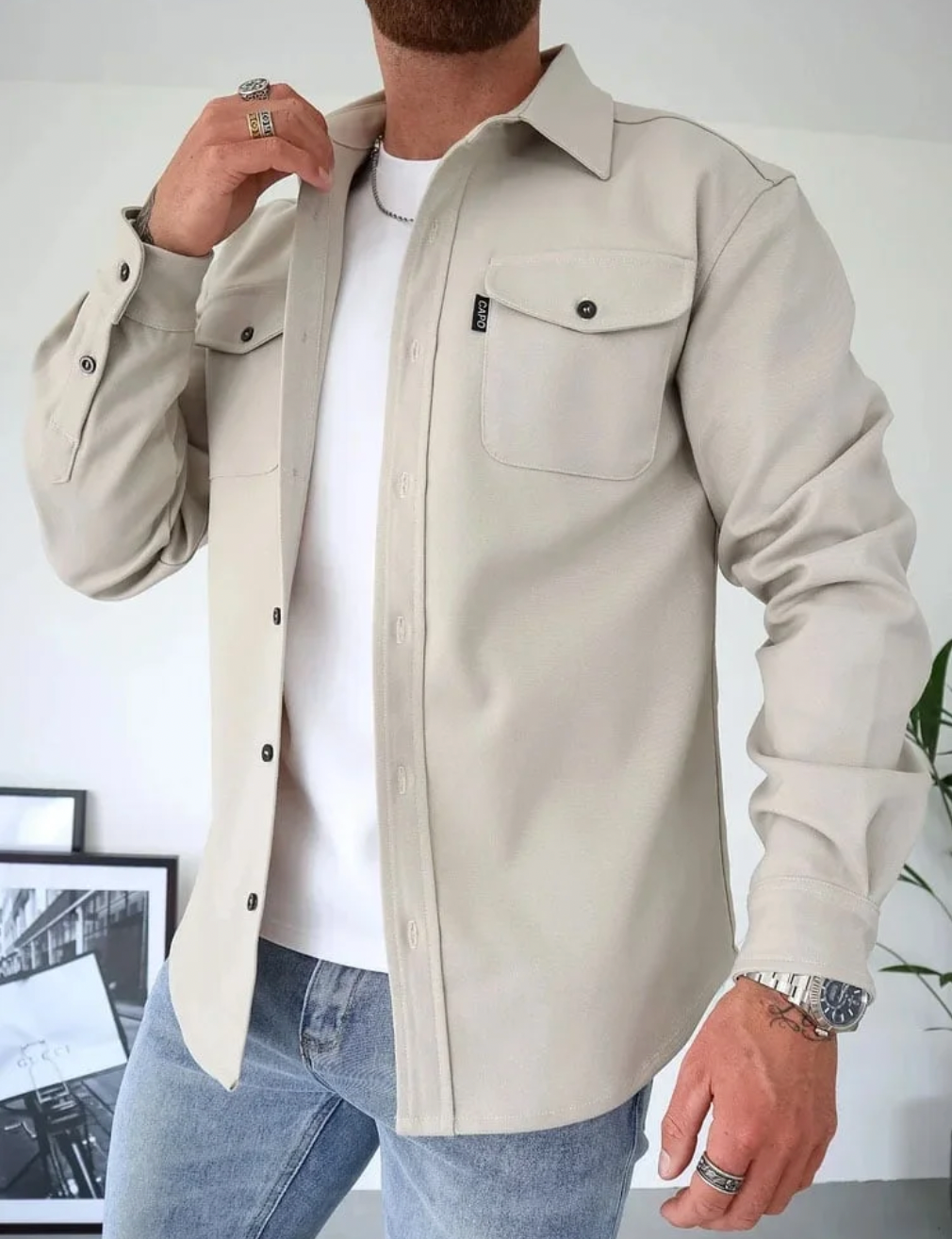 Camisa de manga larga con bolsillos para hombre