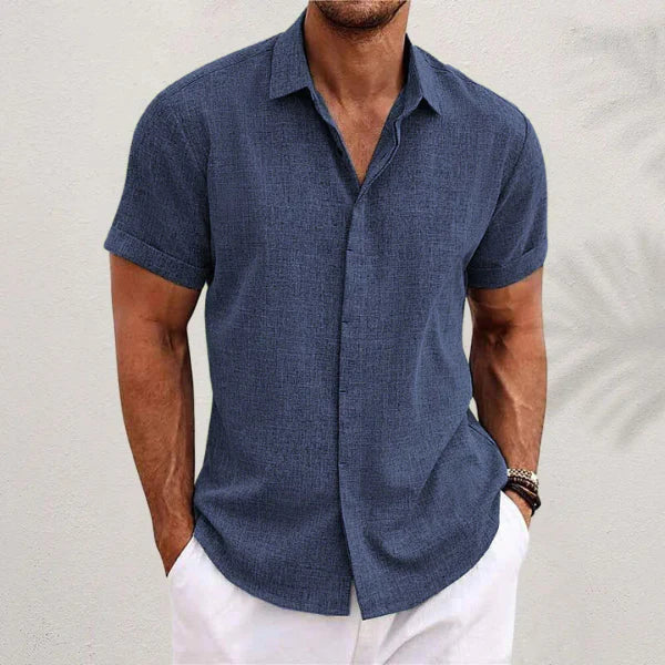 Camisa de Manga Corta para Hombre en Mezcla de Algodón y Lino