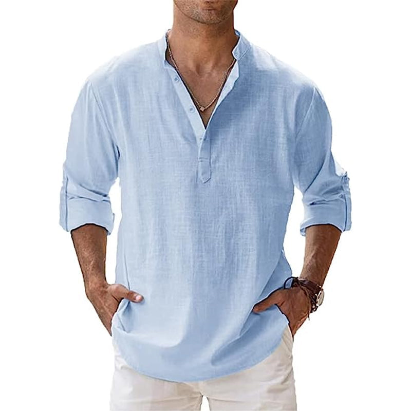 Camisa de Lino Estilo Henley para Hombre, Ideal para la Primavera y el Verano