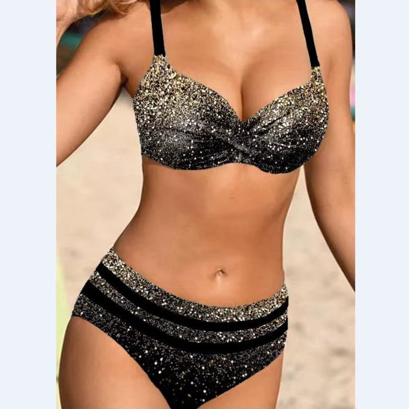 Bikini de cintura alta con estampado de hojas para mujer