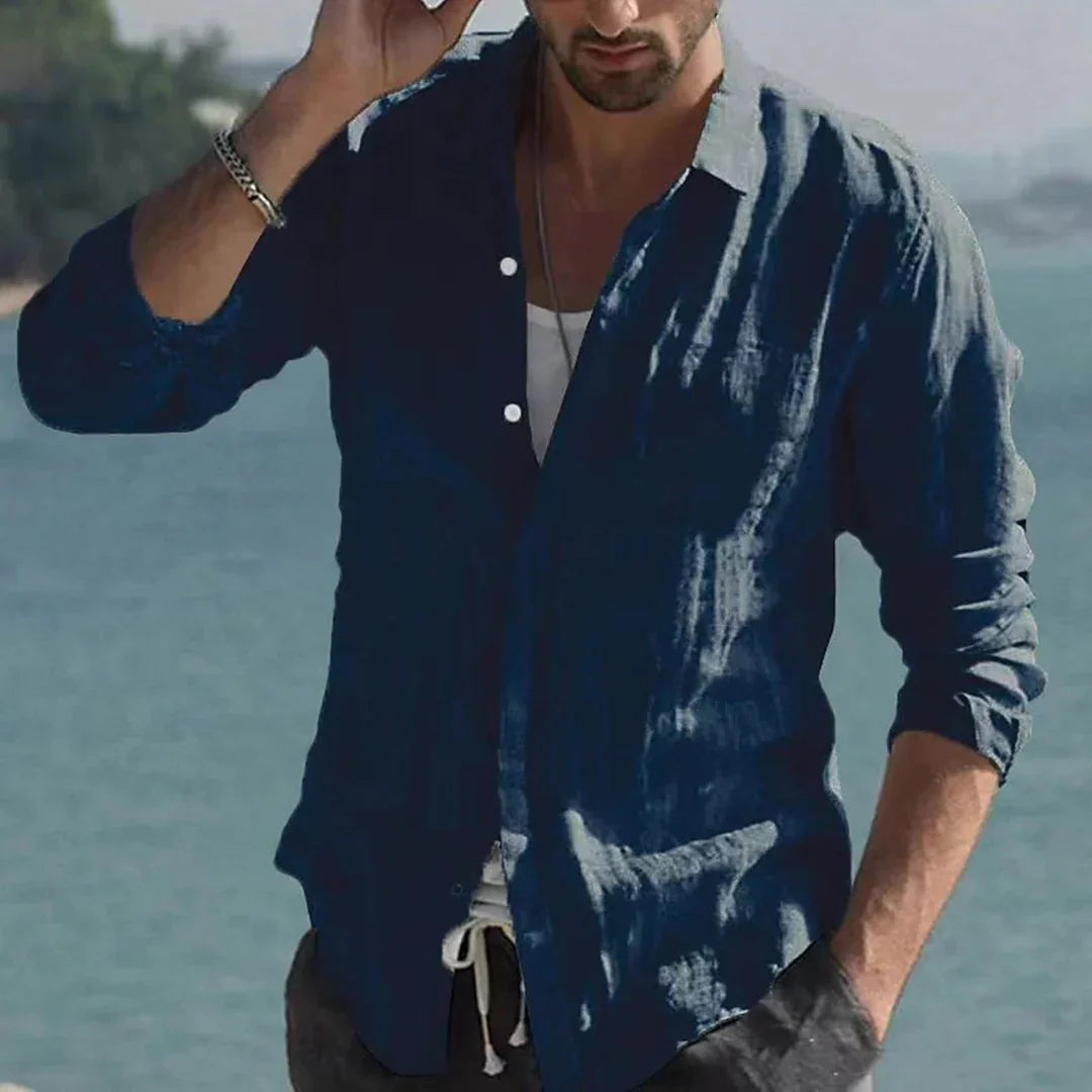 Camisa vintage de lino liso con cuello vuelto