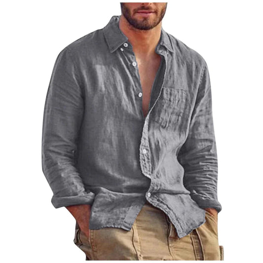Camisa vintage de lino liso con cuello vuelto