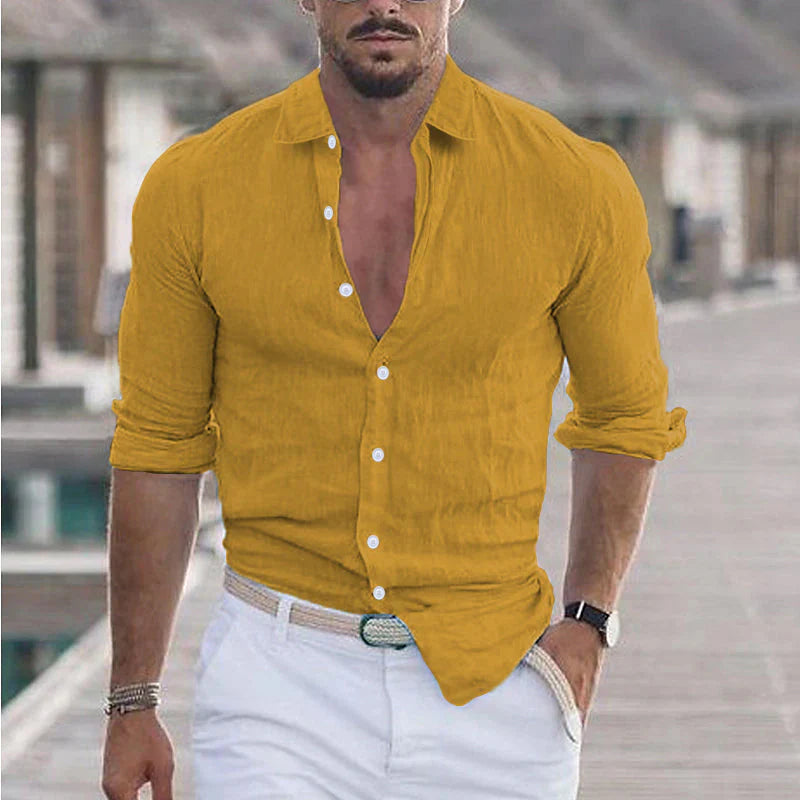 Camisa de lino para hombre con cuello vuelto