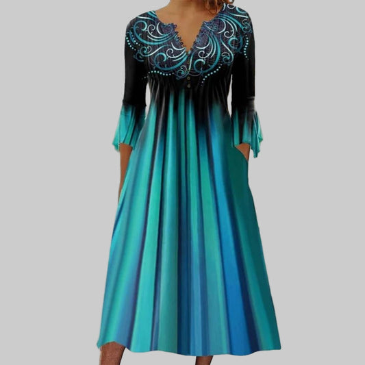 Vestido verde con escote en V y mangas 3/4
