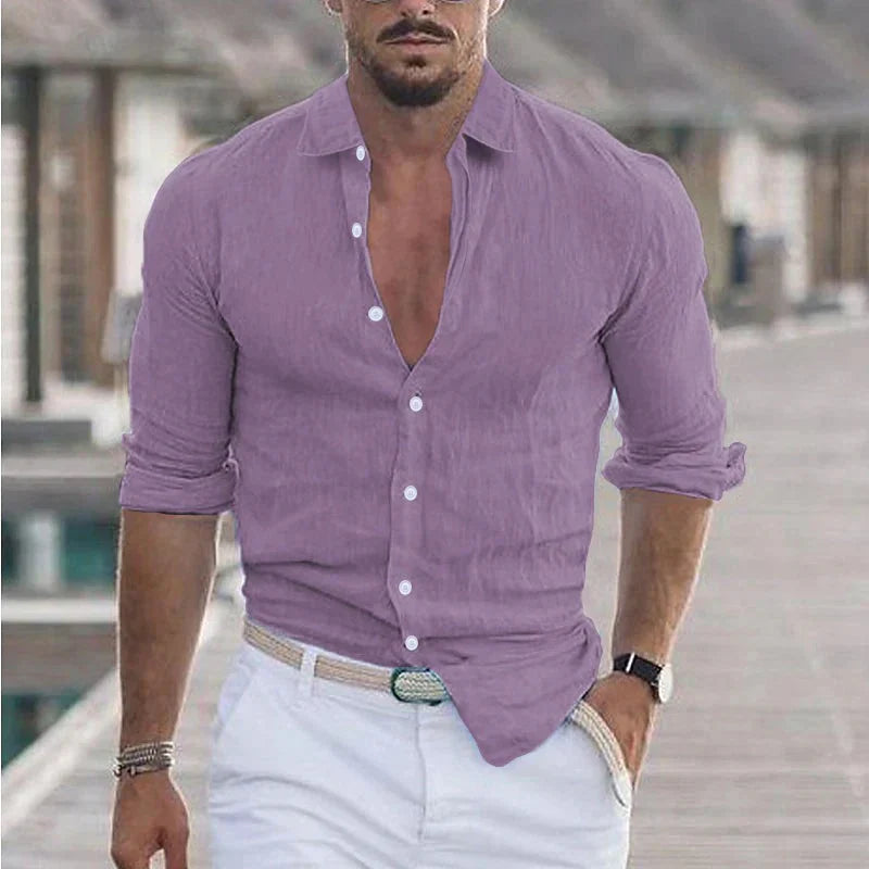 Camisa de lino para hombre con cuello vuelto
