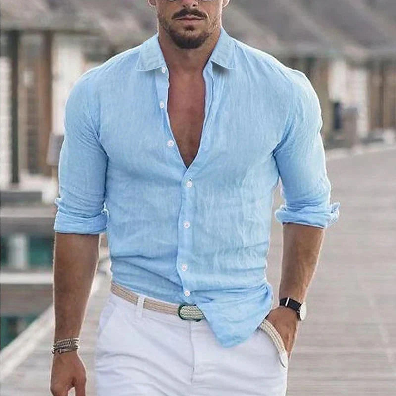 Camisa de lino para hombre con cuello vuelto