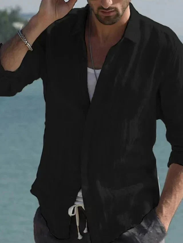 Camisa vintage de lino liso con cuello vuelto