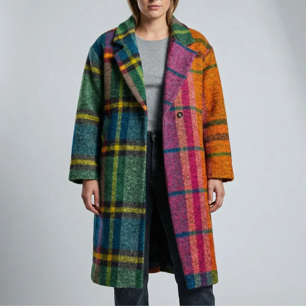 Abrigo Largo a Cuadros Color Block para Mujeres