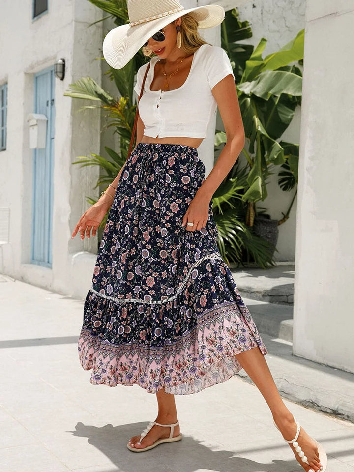 Elegante falda larga con estampado floral y cintura elástica