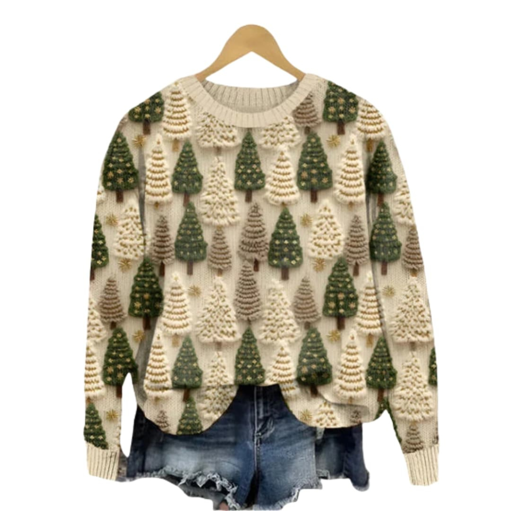 Suéter de Tricot para Mujer con Patrón de Árbol y Cuello Redondo