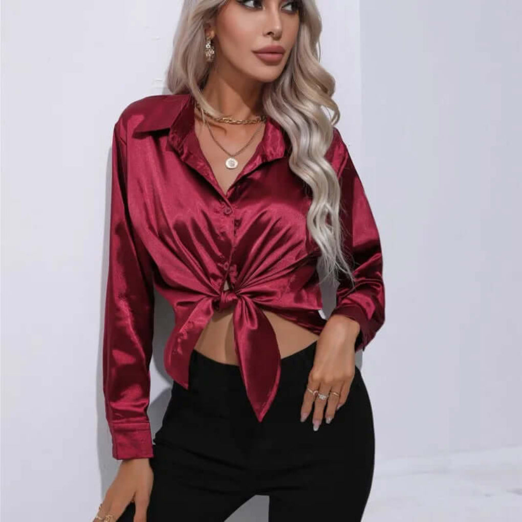 Blusa de Satín Suelta de Manga Larga para Mujer