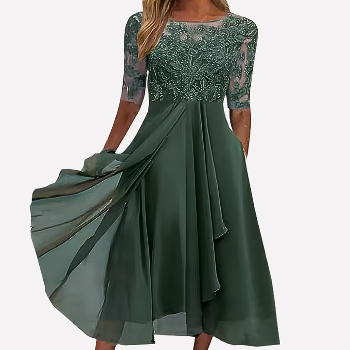 Vestido de Noche de Chifón con Encaje Floral para Mujeres