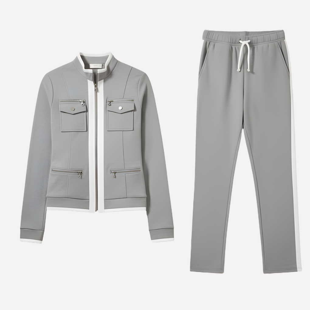 Conjunto de Chaqueta con Cremallera y Pantalones para Mujeres – Estilo con Trim de Contraste
