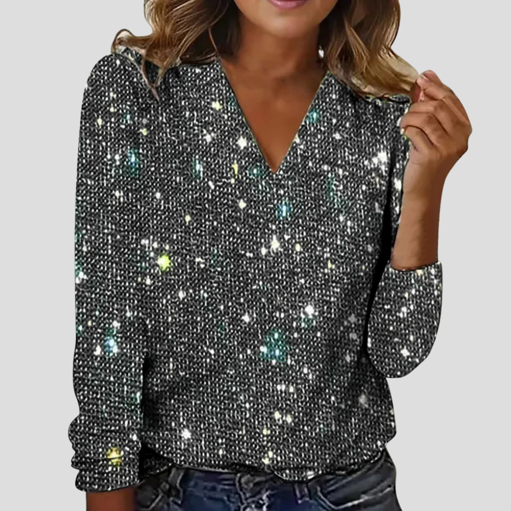 Elegante blusa de manga larga con cuello en V y purpurina