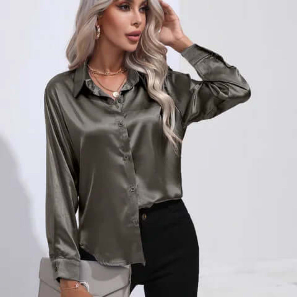 Blusa de Satín Suelta de Manga Larga para Mujer