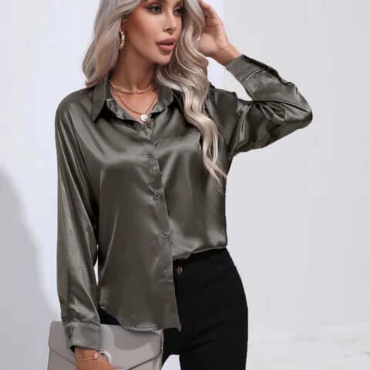 Blusa de Satín Suelta de Manga Larga para Mujer