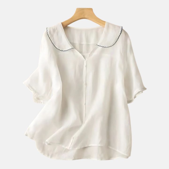 Camisa retro de algodón y lino para mujer con cuello de muñeca