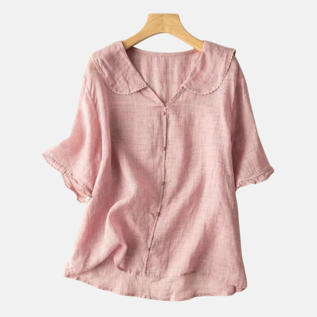 Camisa retro de algodón y lino para mujer con cuello de muñeca
