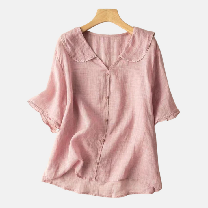 Camisa retro de algodón y lino para mujer con cuello de muñeca
