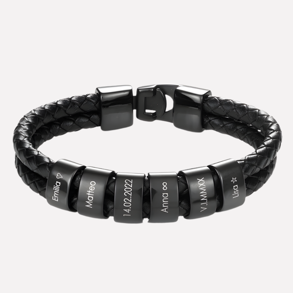 Pulsera Negra para Hombre con Bolas Grabadas