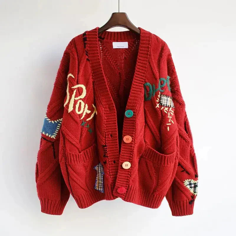 Cárdigan de punto con cuello en V para mujer y bordado de patchwork