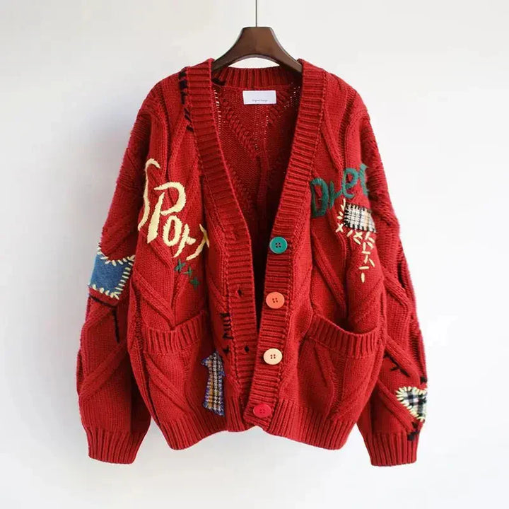 Cárdigan de punto con cuello en V para mujer y bordado de patchwork