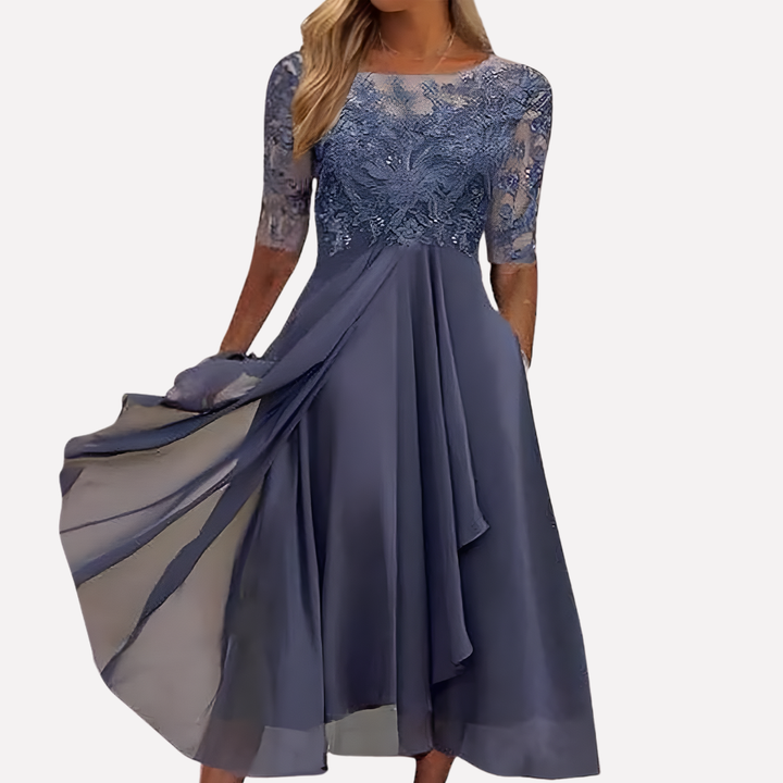 Vestido de Noche de Chifón con Encaje Floral para Mujeres