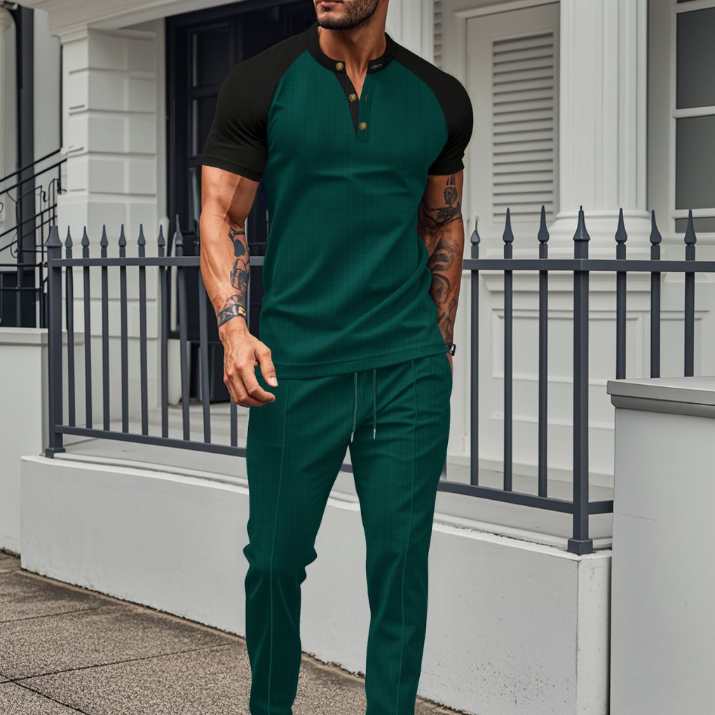 Conjunto de Lounge de Camisa de Botón para Hombres y Pantalones Largos de Gofre