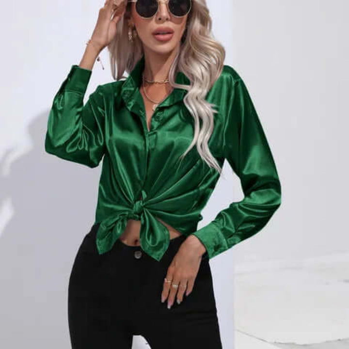 Blusa de Satín Suelta de Manga Larga para Mujer