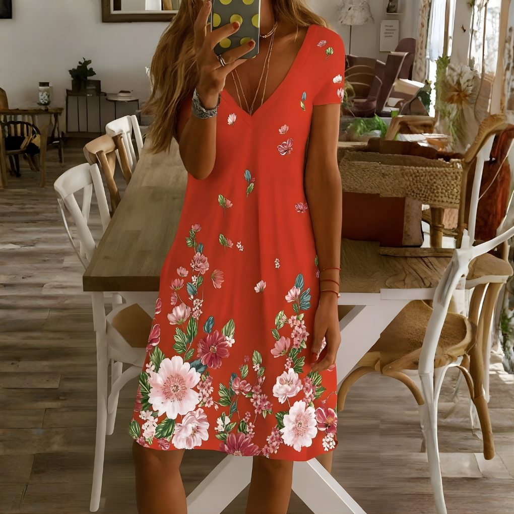 Vestido Corto de Manga Corta con Cuello en V para Mujeres
