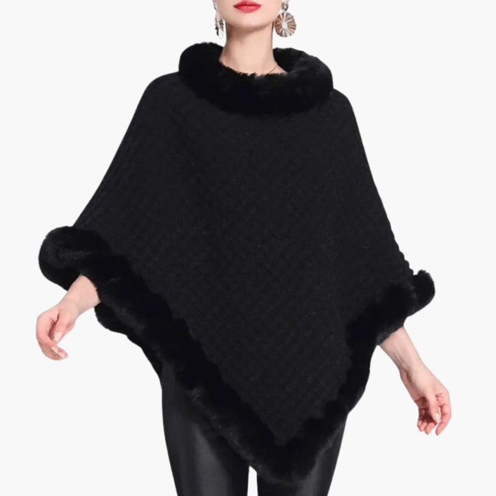 Poncho de Punto para Mujeres con Bordes de Piel Sintética y Ajuste Sobredimensionado