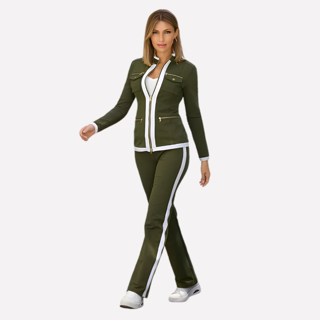 Conjunto de Chaqueta con Cremallera y Pantalones para Mujeres – Estilo con Trim de Contraste