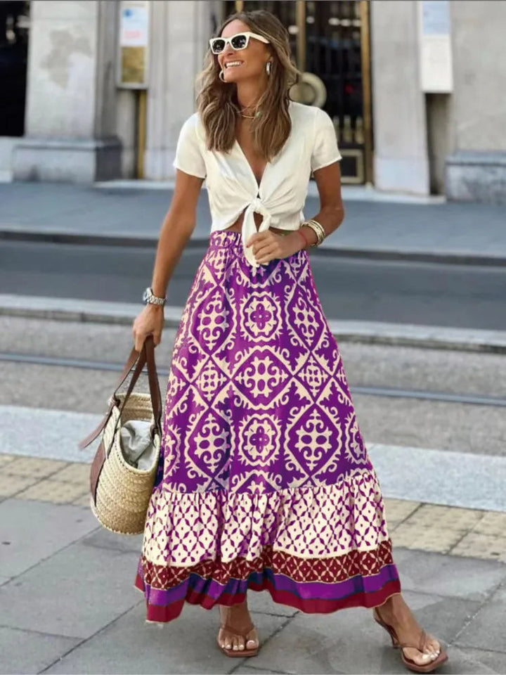 Elegante falda larga con estampado floral y cintura elástica