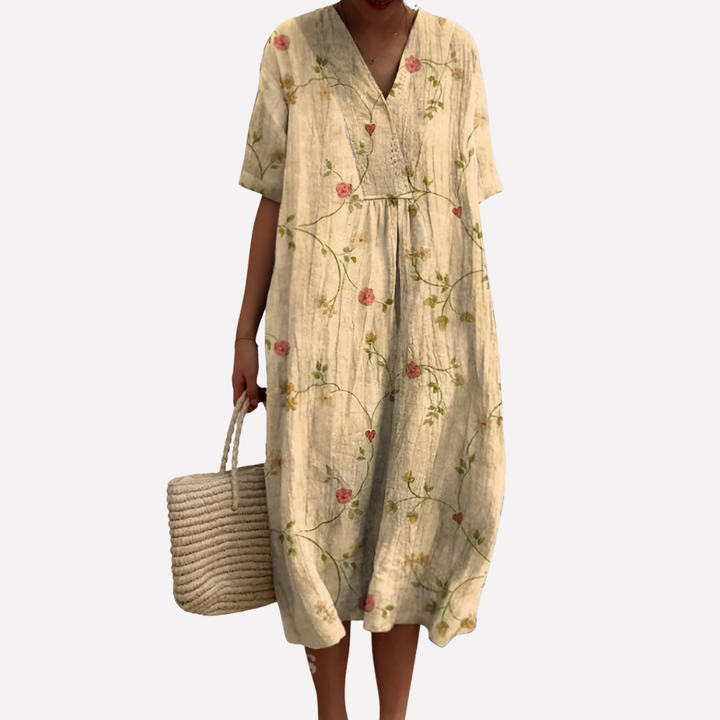 Vestido Floral de Verano para Mujeres – Cuello en V y Mangas Cortas