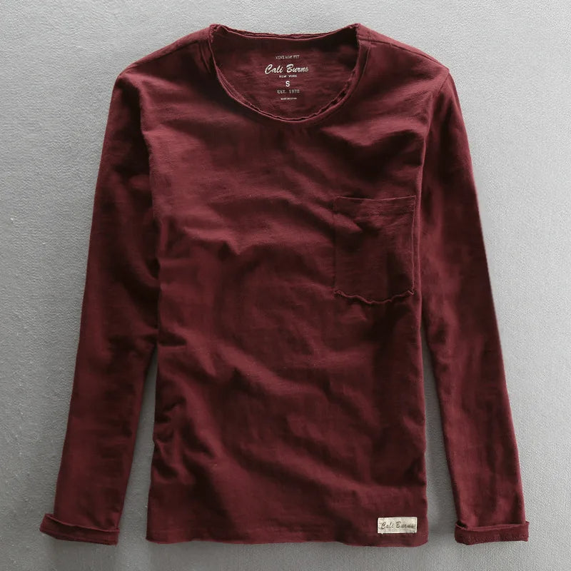Camiseta vintage de algodón de manga larga con cuello redondo