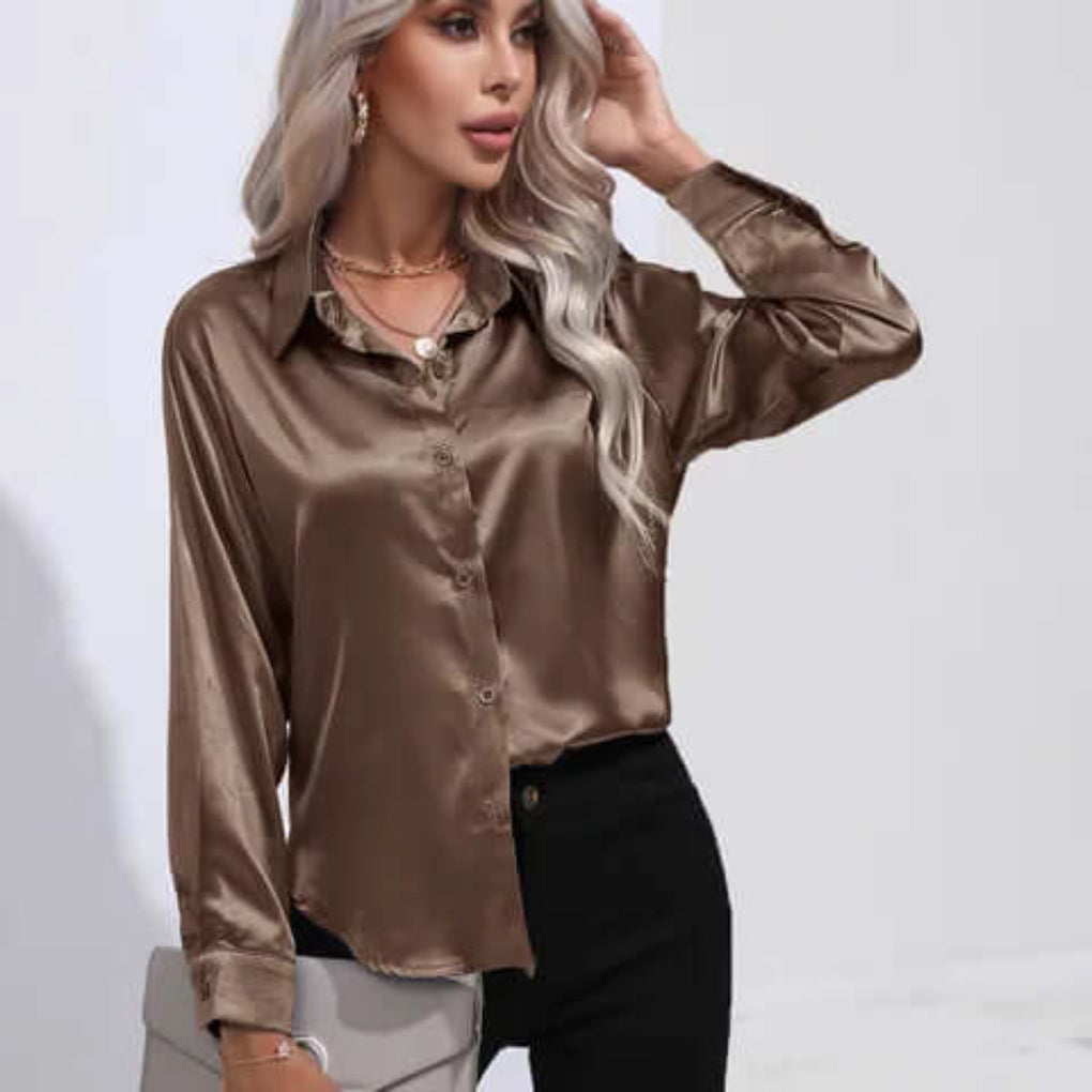 Blusa de Satín Suelta de Manga Larga para Mujer